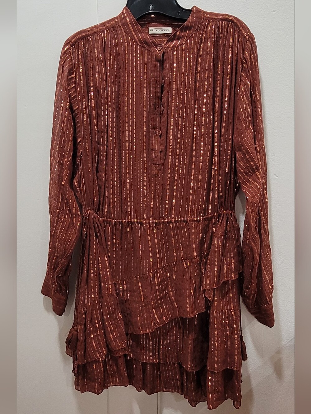 Ulla Johnson Della Metallic Striped Mini Dress in Mahogany